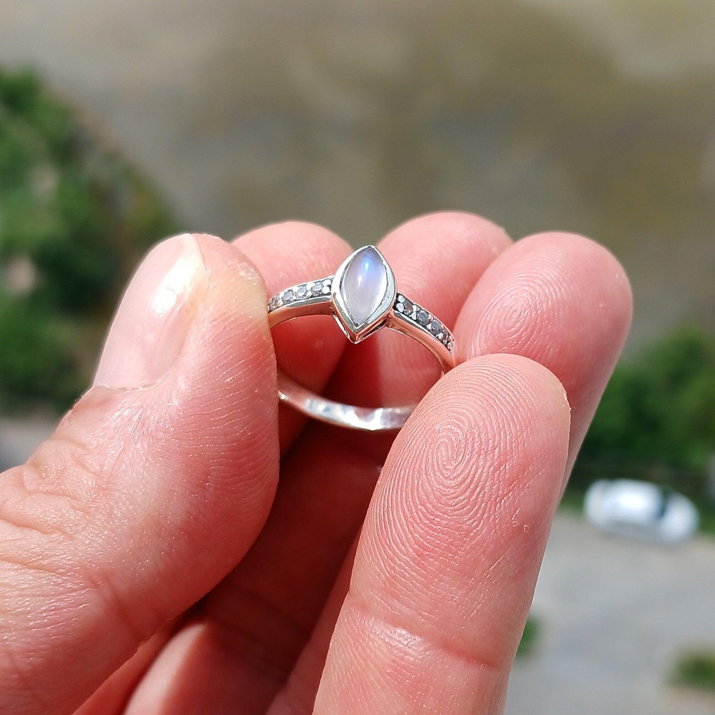 Moonstone Ring, Moonstone Silver Ring, Sterling Silver ring, Solitaire Ring, marquise shaped Ceylon Moonstone and 8 CZ, gift for Her - 7.75-2