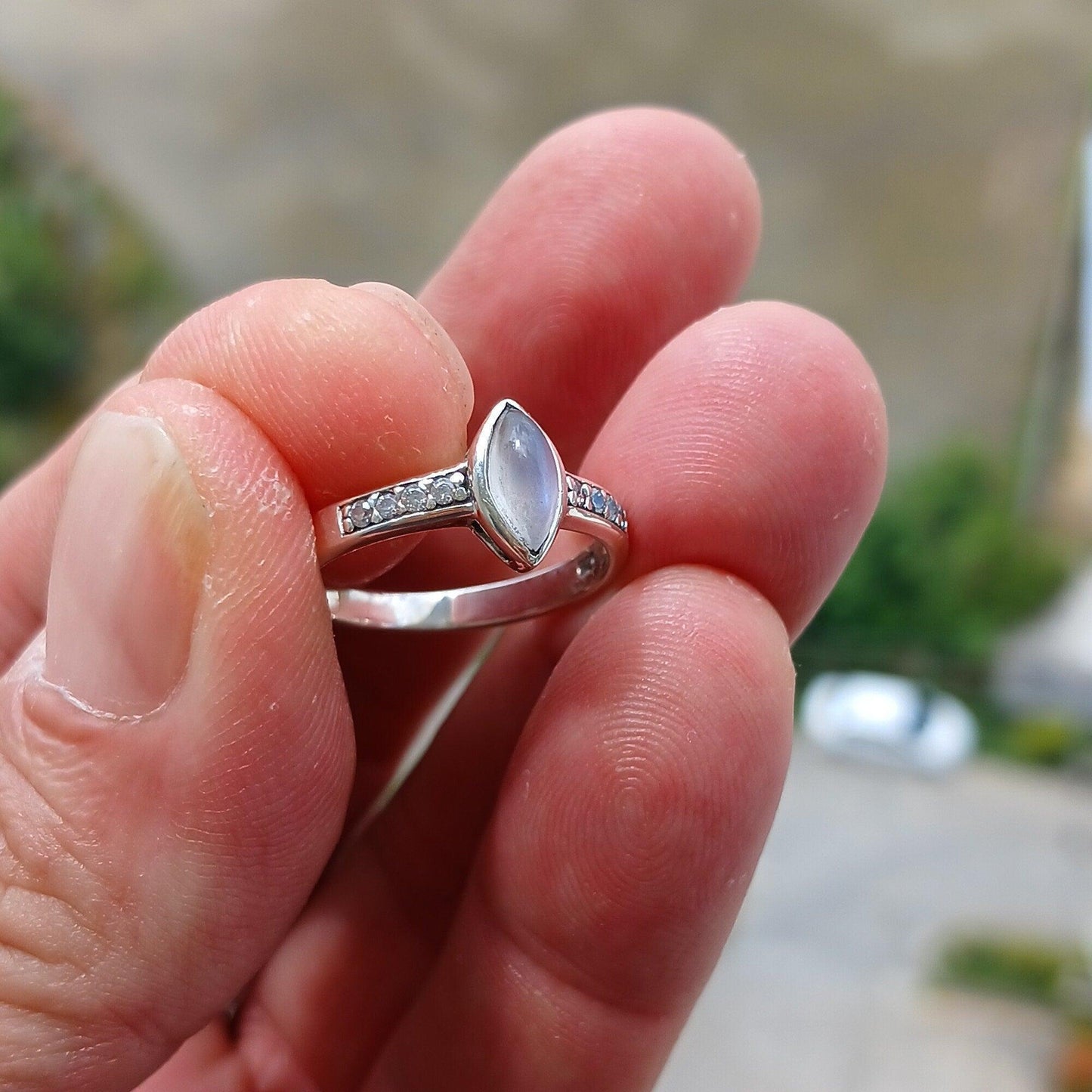 Moonstone Ring, Moonstone Silver Ring, Sterling Silver ring, Solitaire Ring, marquise shaped Ceylon Moonstone and 8 CZ, gift for Her - 7.75-1