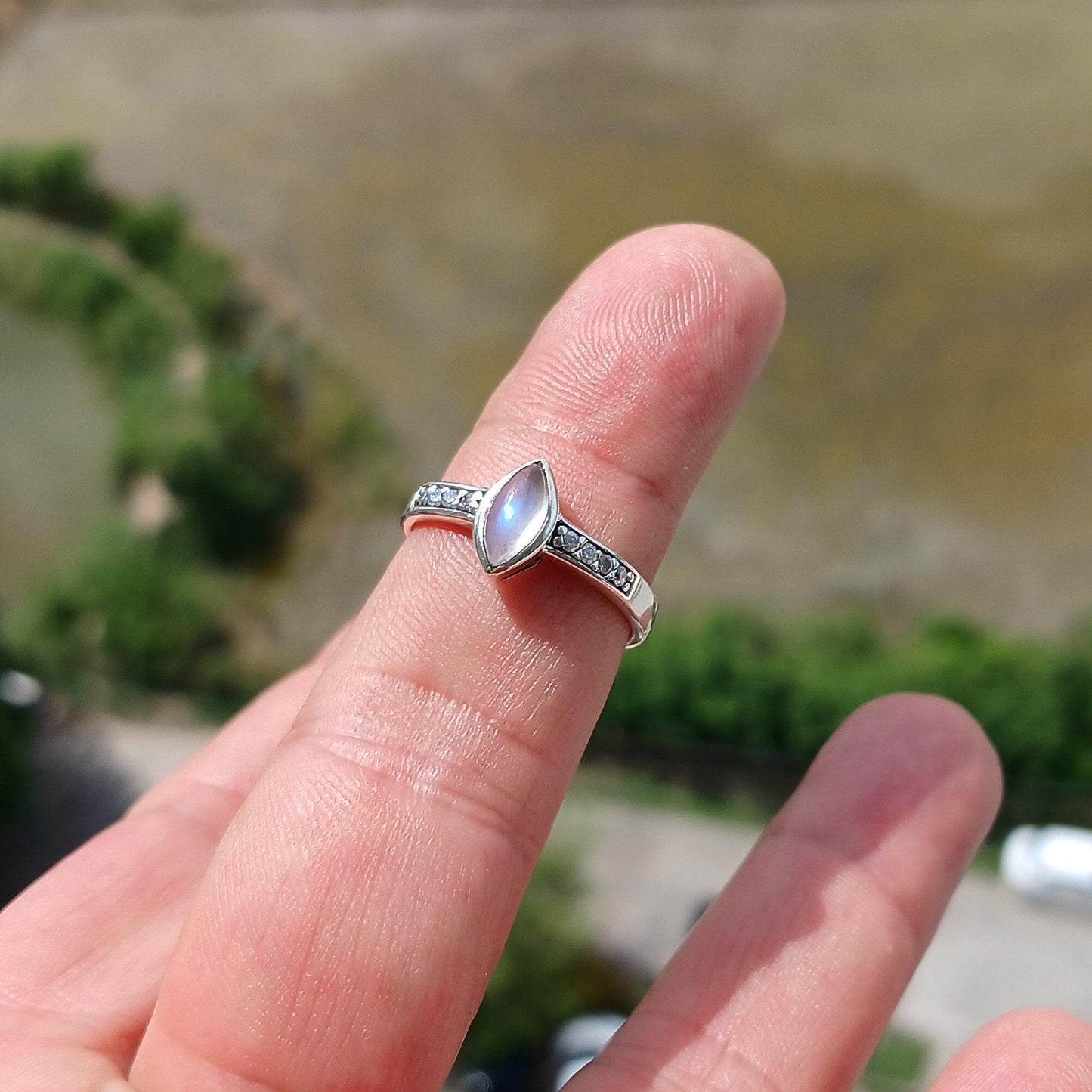 Moonstone Ring, Moonstone Silver Ring, Sterling Silver ring, Solitaire Ring, marquise shaped Ceylon Moonstone and 8 CZ, gift for Her - 7.75-0